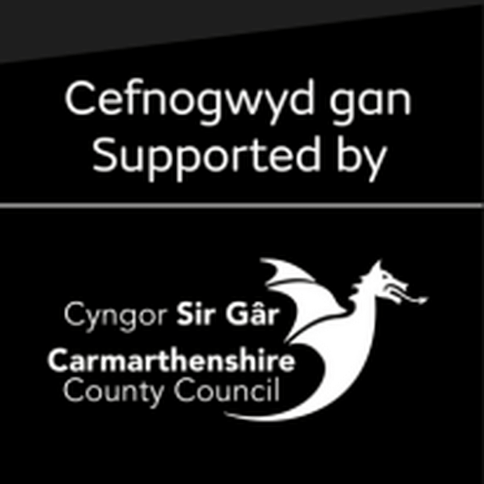 Bilingual monochrome logo with a white dragon and the words Supported by Carmarthenshire County Council. 