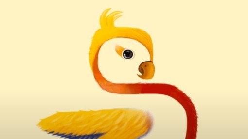 A yellow duckling superimposed on the shape of the Chinese character for bird.