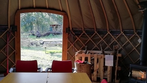 A view across the table inside the yurt towards the open doorway and the field beyond.